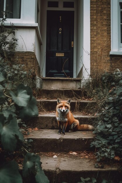 Ein Fuchs sitzt auf den Stufen eines Hauses mit einem Brief in der Mitte.