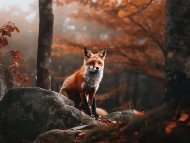 Ein Fuchs sitzt auf einem Felsen im Wald. Generatives KI-Bild