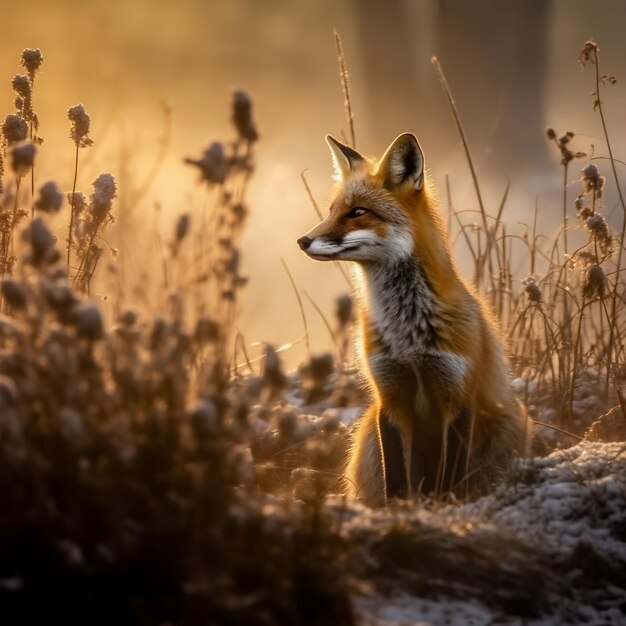 Ein Fuchs sitzt auf einem Grasfeld und die Sonne scheint.