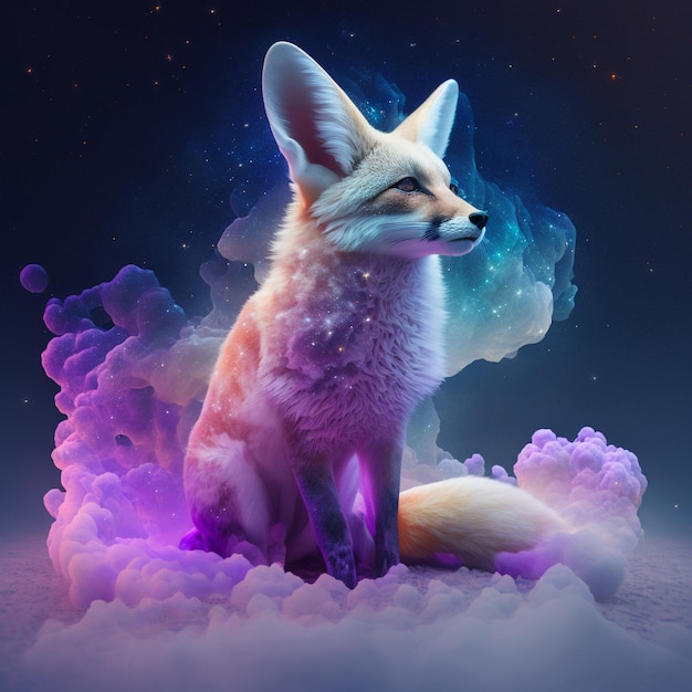 Ein Fuchs sitzt auf einer Wolke mit einem lila Hintergrund.