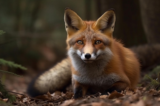 Ein Fuchs sitzt im Wald und die Sonne scheint auf sein Gesicht.