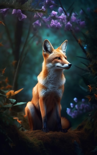 Ein Fuchs sitzt in einem Wald mit lila Blumen.