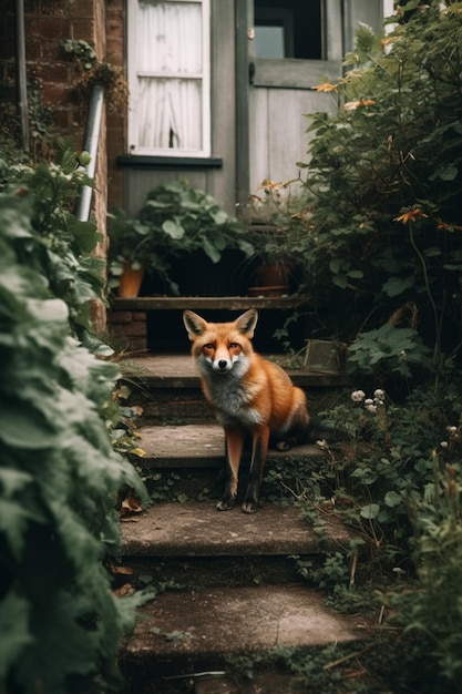 Ein Fuchs steht auf einer Treppe in einem Garten.