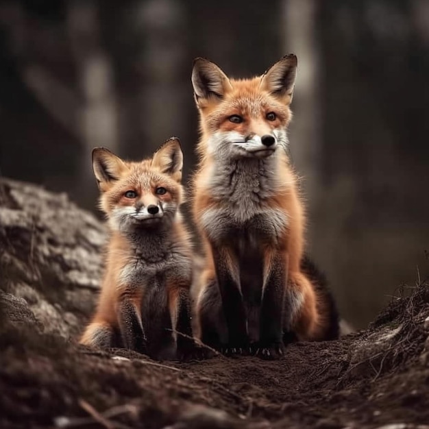 Ein Fuchs und ihr Junges sitzen Seite an Seite in einem Wald.