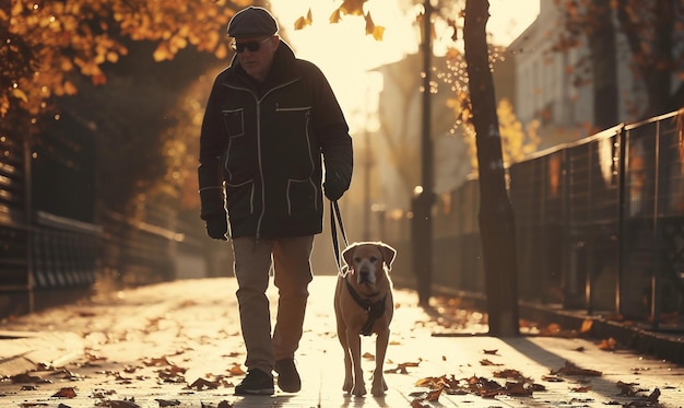 Ein Führhunde hilft einem blinden Mann beim Gehen bei Sonnenaufgang am Morgen