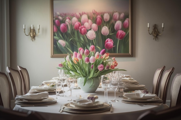 Ein für ein Abendessen gedeckter Tisch mit einem großen Tulpengemälde an der Wand.