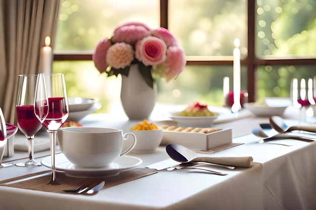 Ein für eine Mahlzeit gedeckter Tisch mit einer Vase voller Blumen und einer Tasse Wein.