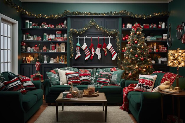 Foto ein für weihnachten geschmücktes wohnzimmer mit grünen sofas, roten und weißen kissen, girlanden und strümpfen, die an der wand hängen
