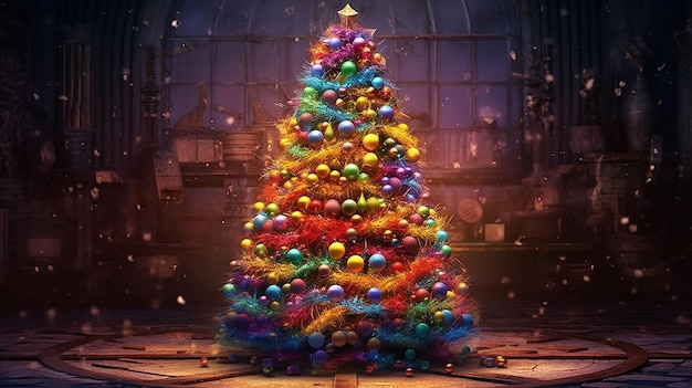 Ein funkelnder Weihnachtsbaum, der mit Lichtern geschmückt ist