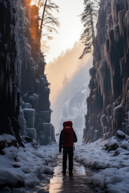 Ein furchtloser Kletterer in gefrorener Einsamkeit navigiert durch einen ruhigen, aber tückischen eisigen Wasserfall