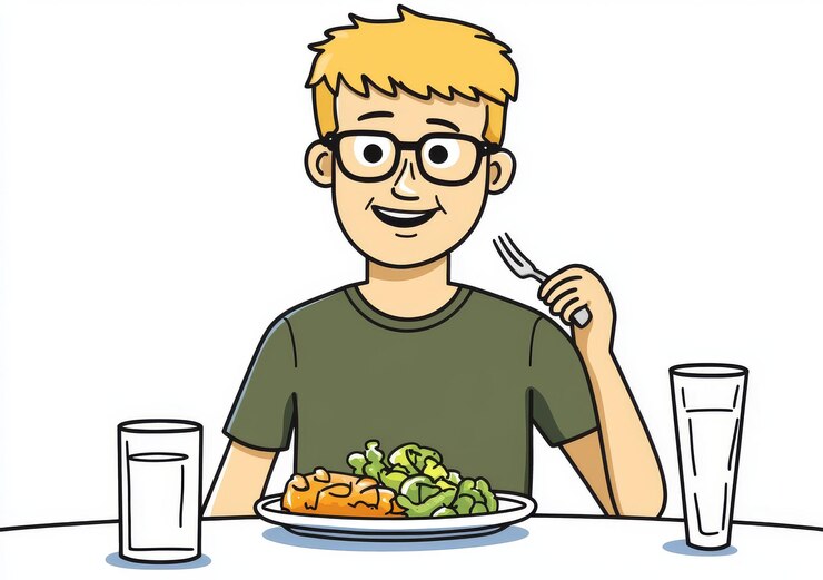 Foto ein furchtloser mann schaut auf seine mahlzeit textfreespace skeptisch