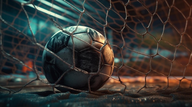 Ein Fußball in einem Netz mit blauem Hintergrund