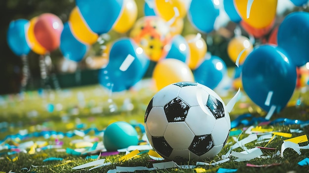 Ein Fußball liegt auf dem Gras vor einem verschwommenen Hintergrund aus bunten Ballons und Streamen