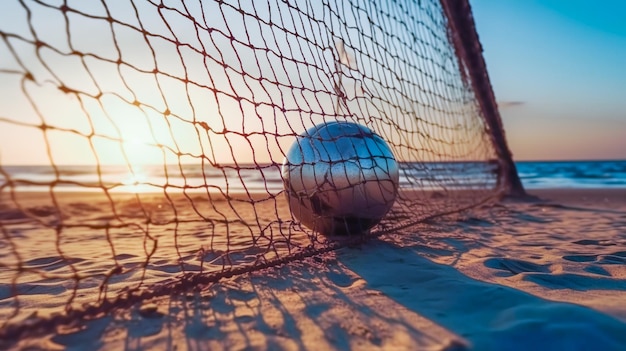 Ein Fußball liegt in einem Netz am Strand. Generative KI