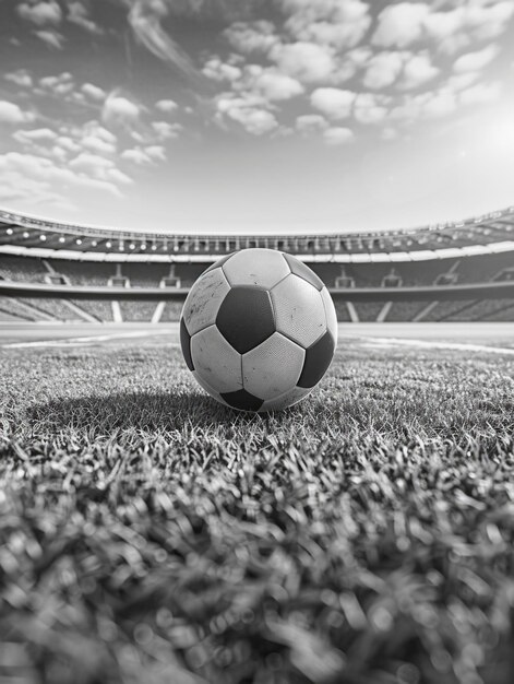 Ein Fußball sitzt auf dem Gras in einem Stadion