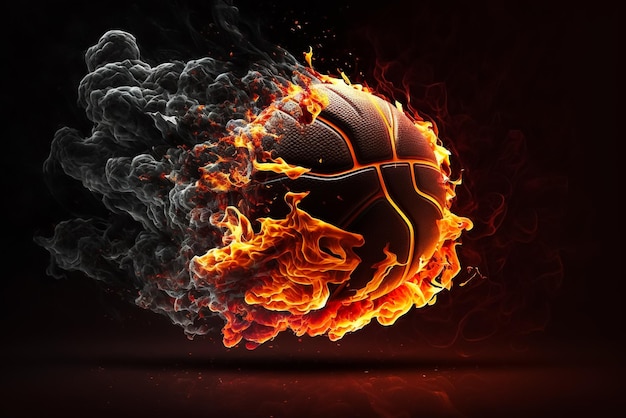 Ein Fußball und Feuer auf schwarzem Hintergrund