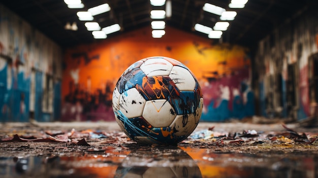 ein Fußball vor einer bunten Wand mit Graffiti darauf