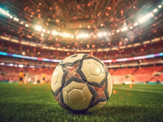 Ein Fußball wird auf dem Fußballfeld platziert, mit Cheerleadern auf der Fußballtribüne im Hintergrund. Generative KI
