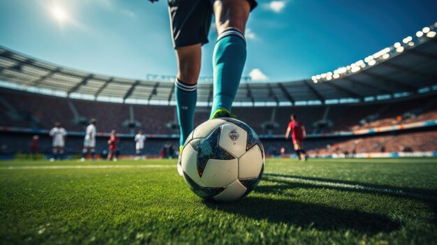 Ein Fußball zum Kicken in einem sonnigen Stadion