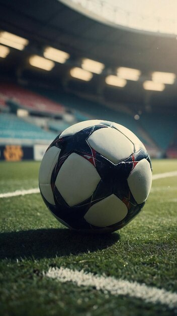 Foto ein fußballball wird auf einem spielfeld mit einem schild gezeigt, auf dem die punktzahl des spiels steht