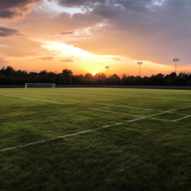 Ein Fußballfeld mit einem Sonnenuntergang im Hintergrund