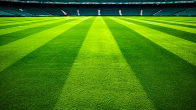 Ein Fußballplatz mit grünen Sitzen und einer grünen Wiese.