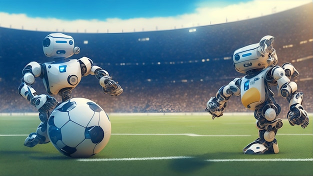 Ein Fußballspiel mit Robotern. Roboter spielen Fußball. Generation KI