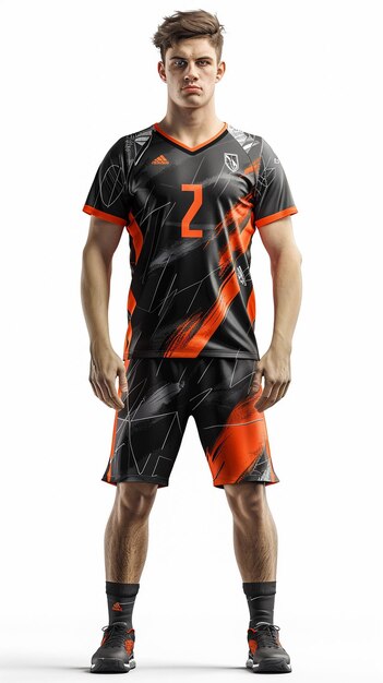 ein Fußballspieler, der ein orangefarbenes und schwarzes Trikot mit der Nummer 2 trägt