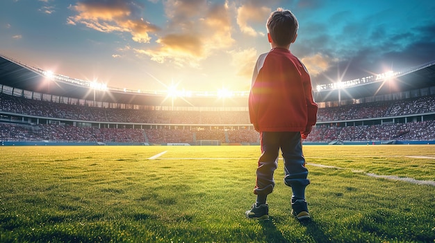 Ein Fußballspieler, der mit einem Ball in der Mitte des Fußballfeldes auf dem Stadion steht