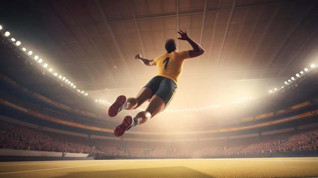 Ein Fußballspieler im gelben Trikot springt in einem Stadion.