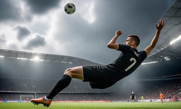 ein Fußballspieler in einem schwarzen Trikot taucht für den Ball