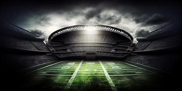 Ein Fußballstadion mit dunklem Himmel und einem Feld mit dem Wort nfl darauf.