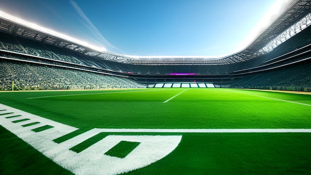 Ein Fußballstadion mit einem grünen Feld und dem Wort „t“ an der Seite.