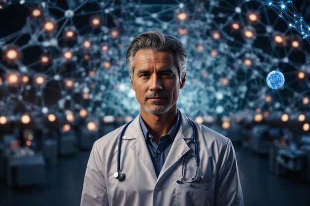 Ein futuristischer Arzt, ein virtueller Globus voller Gesundheitsnetzwerke, arbeitet unermüdlich daran, die medizinische Wissenschaft voranzutreiben