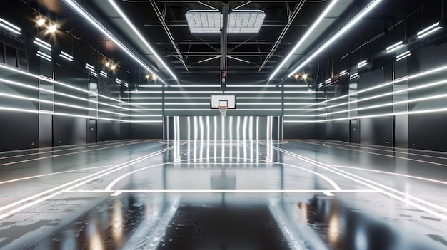Ein futuristischer Basketballplatz mit schlanken metallischen Rückplatten und Beleuchtung
