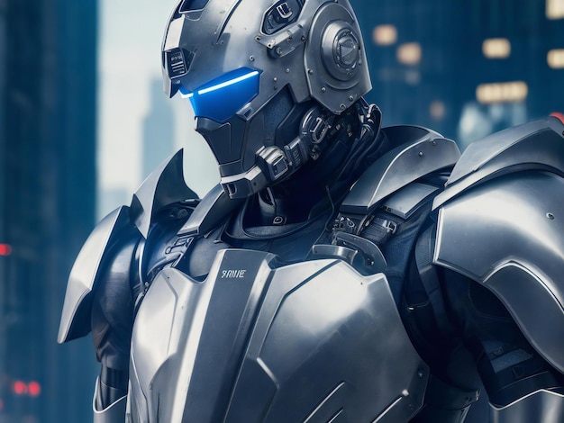 Ein futuristischer Cyborg-Soldat in einem Metallanzug schützt vor der von der KI erzeugten Gefahr