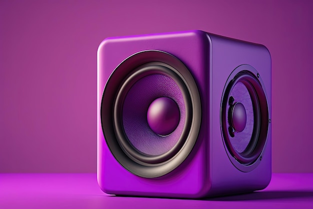 Ein futuristischer Lautsprecher mit Hightech-Aussehen vor einem violetten und blauen Hintergrund mit Farbverlauf, der von KI generiert wird