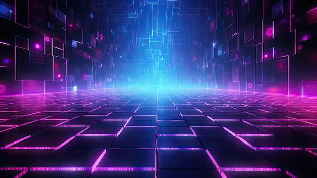 Ein futuristischer Raum mit violetten und blauen Lichtern und einem leuchtenden Lichtmuster.