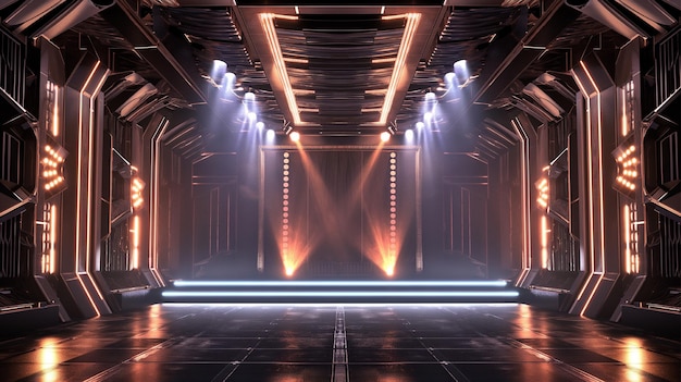 ein futuristischer Raumflur mit Lichtern und einer Bühne