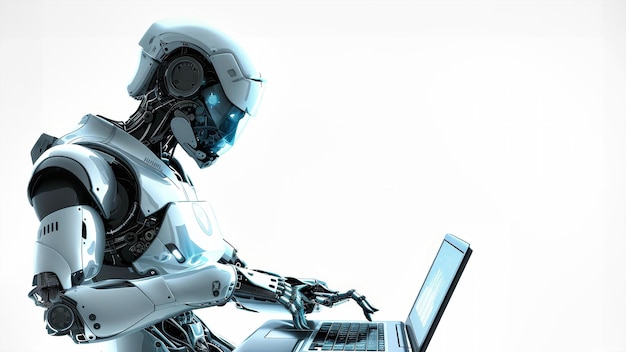 Ein futuristischer Roboter schreibt sorgfältig auf einem Laptop, führt komplexe Algorithmen aus und erschafft digitale Meisterwerke