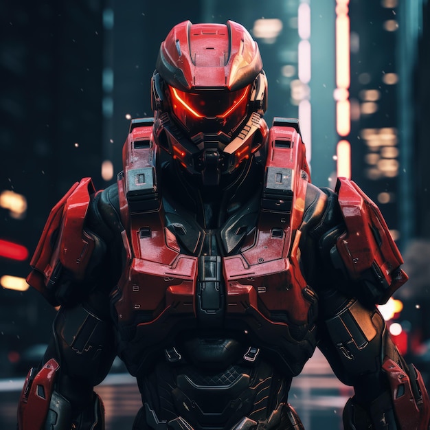 Ein futuristischer Soldat im Cyberpunk-Stil. Rote Akzente setzen generative KI