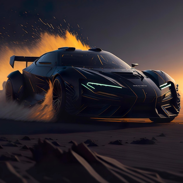Ein futuristischer Supersportwagen, der in der Wüste mit Sonnenuntergangshintergrund fährt
