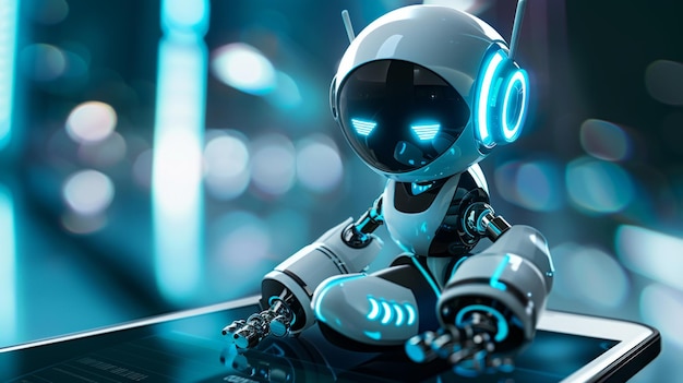 Ein futuristisches 3D-Rendering einer mobilen Chatbot-Schnittstelle mit einem freundlichen Roboterassistenten, der bereit ist, sich zu engagieren, symbolisiert Fortschritte im KI-Kundenservice und der interaktiven Technologie.