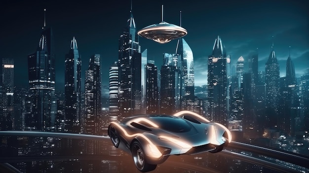 Ein futuristisches Auto fliegt über eine Stadt, über der ein UFO schwebt.