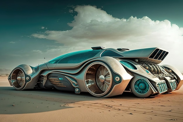 Ein futuristisches Auto oder Fahrzeug mit schlanken und aerodynamischen Linien, ungewöhnlichen Formen und fortschrittlichen technologischen Elementen Generative KI