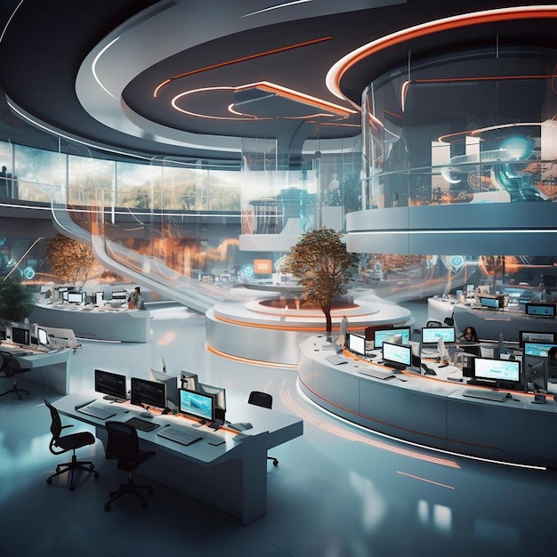 Foto ein futuristisches büro mit mehreren computern und schreibtischen