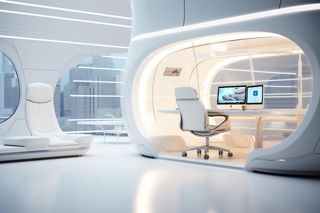 ein futuristisches Büro mit Schreibtisch und Stuhl