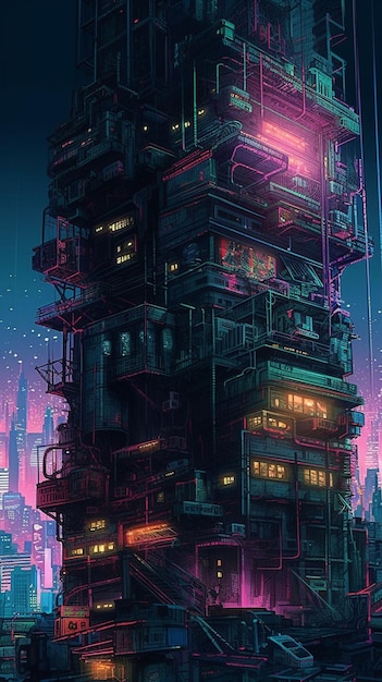Ein futuristisches Gebäude mit einer Leuchtreklame mit der Aufschrift „Cyberpunk“.