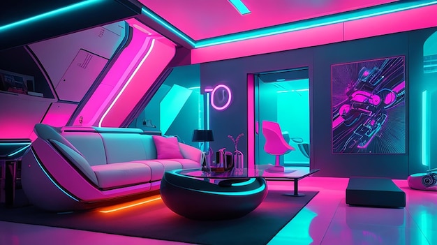 Ein futuristisches Haus mit leuchtend neonbeleuchtetem Innenraum, eleganten modernen Möbeln und abstrakter Kunst