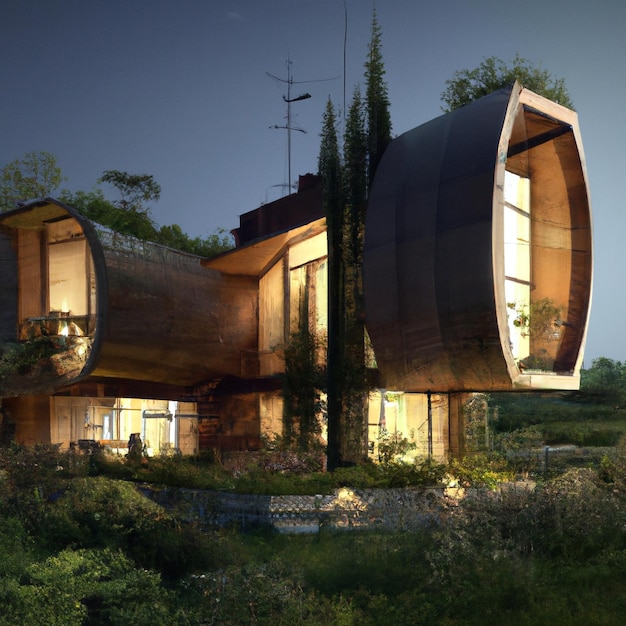 Ein futuristisches Hausdesign mit üppigen grünen Gärten, digitale Malerei